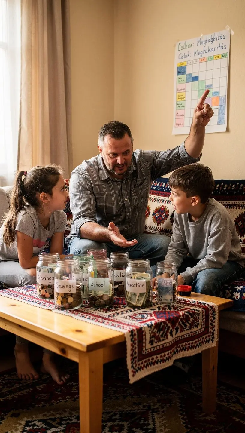 Egy család, amely boldogan számolja a megtakarításait a konyhában.